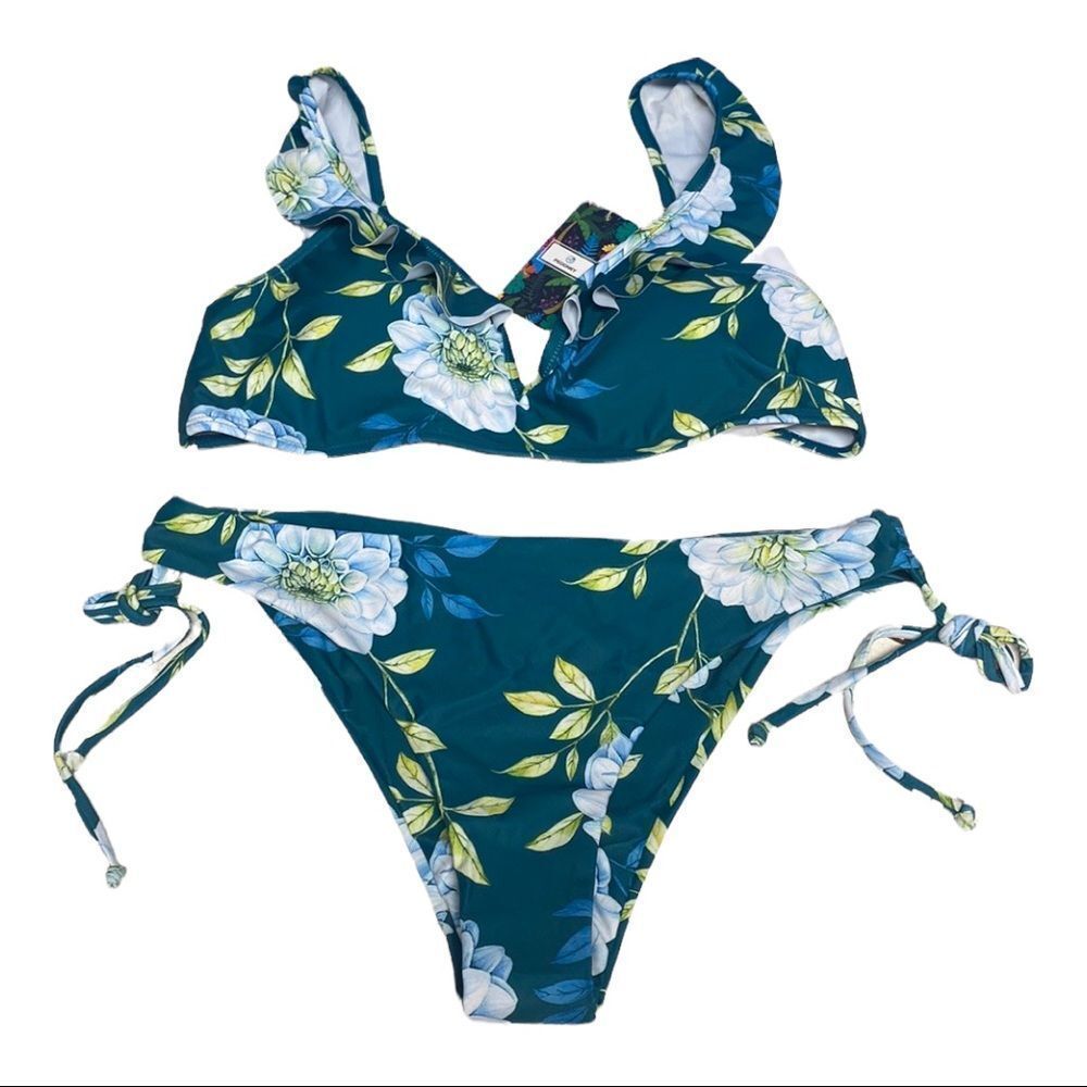 Peddney 2 Piece Bikini Swimsuit Green Tropical Print Floral Ruffle Top & Bottoms